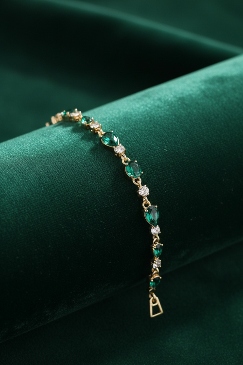 14K Gold Plated Emerald & Crystal Bracelet on Green Ramp