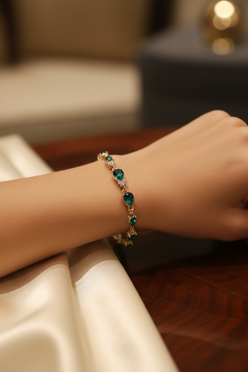 14K Gold Plated Emerald & Crystal Bracelet on Model