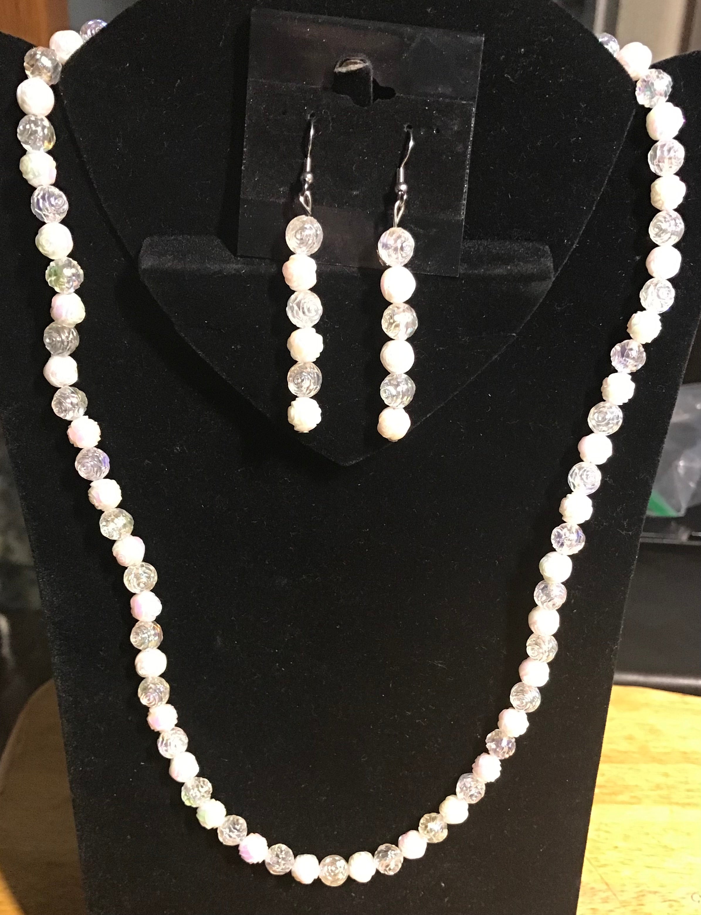 Clear AB and white acrylic rosebud bead necklace and earring set