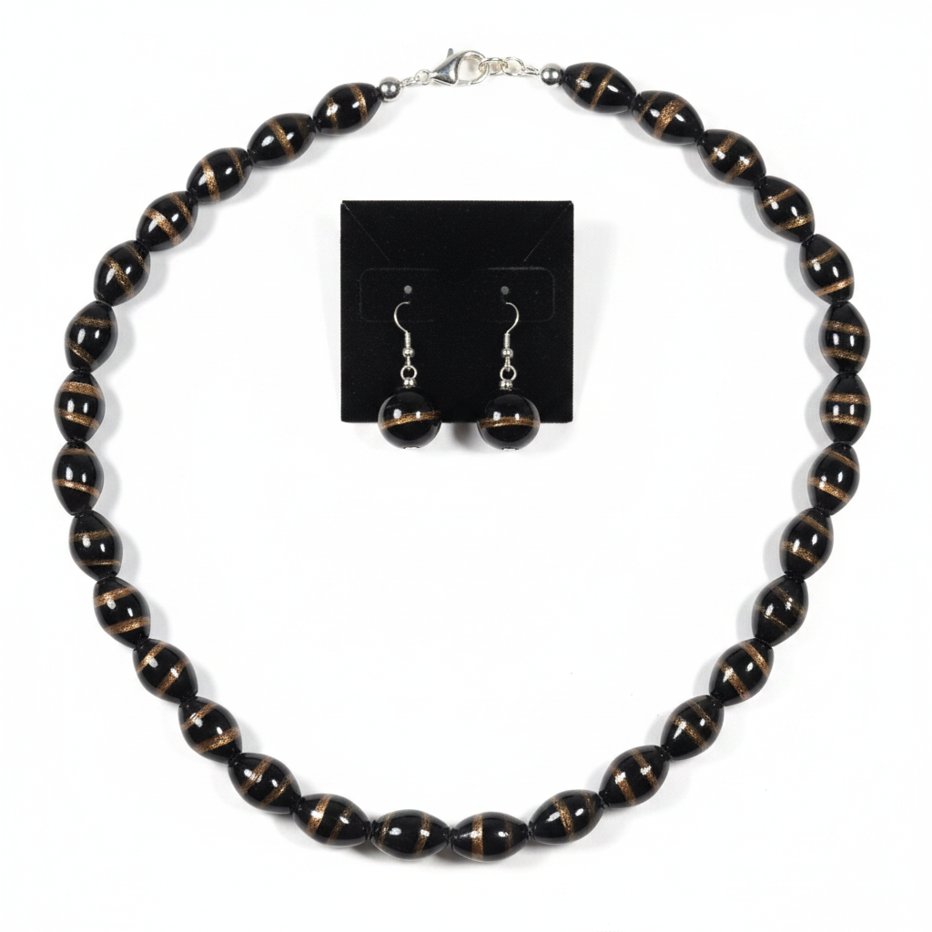 Black and Gold Glass Bead Necklace Set