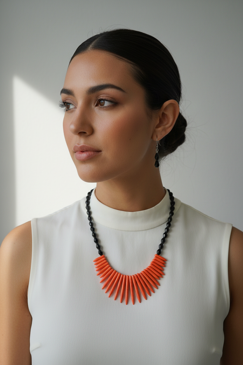 Black & Orange Spike Necklace - Model Look 1