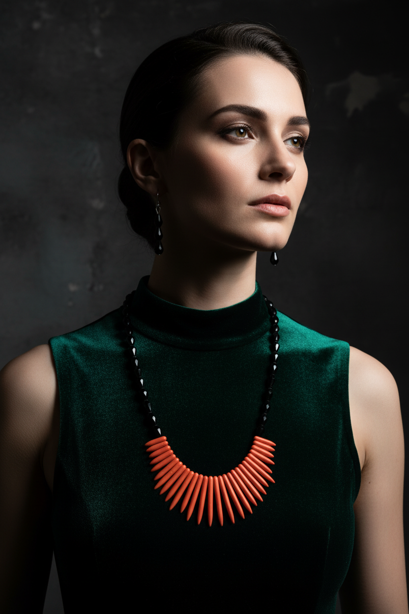 Black & Orange Spike Necklace - Model Look 2