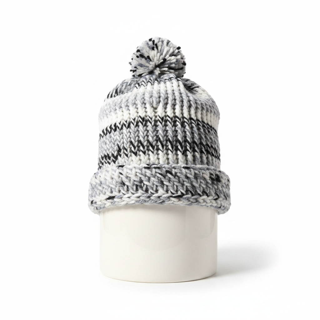 Black White Gray Pom-Pom Beanie on Display