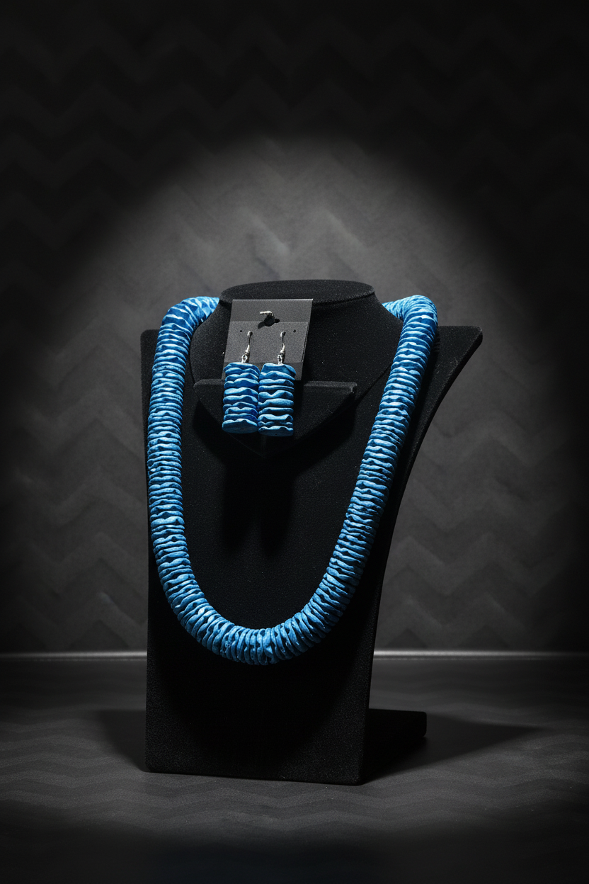 Blue carved coconut bead set on black velvet display