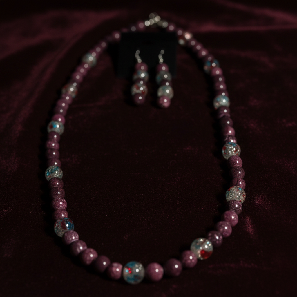 Burgundy and Crackle Glass Bead Necklace Set - Velvet