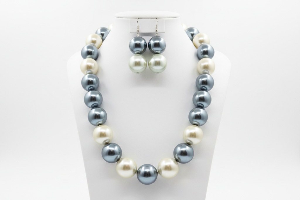 Chunky Gray & Cream Pearl Statement Necklace Set