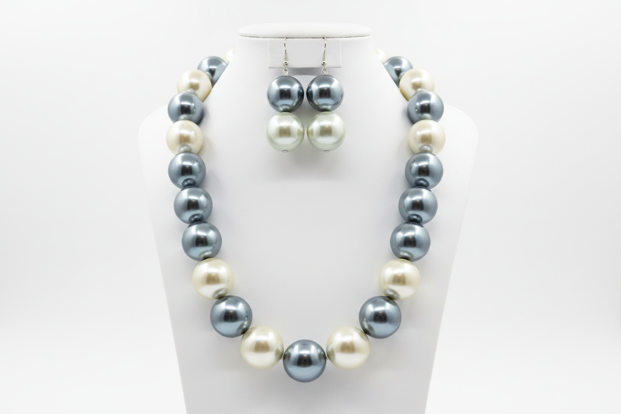 Chunky Gray & Cream Pearl Statement Necklace Set