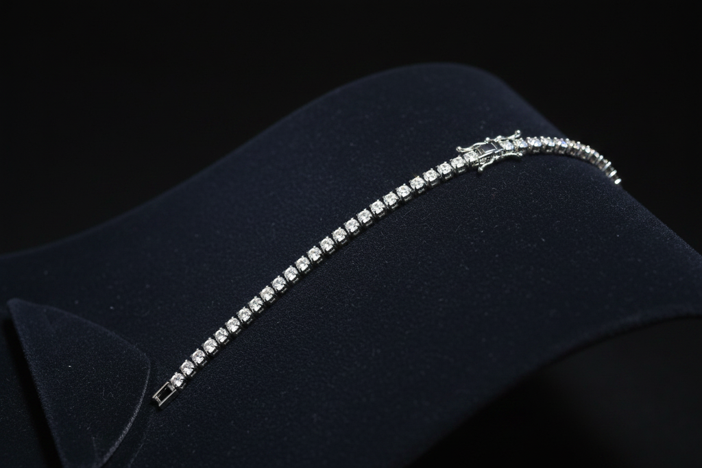 Crystal tennis bracelet on dark velvet display