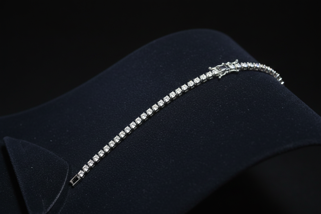 Crystal tennis bracelet on dark velvet display