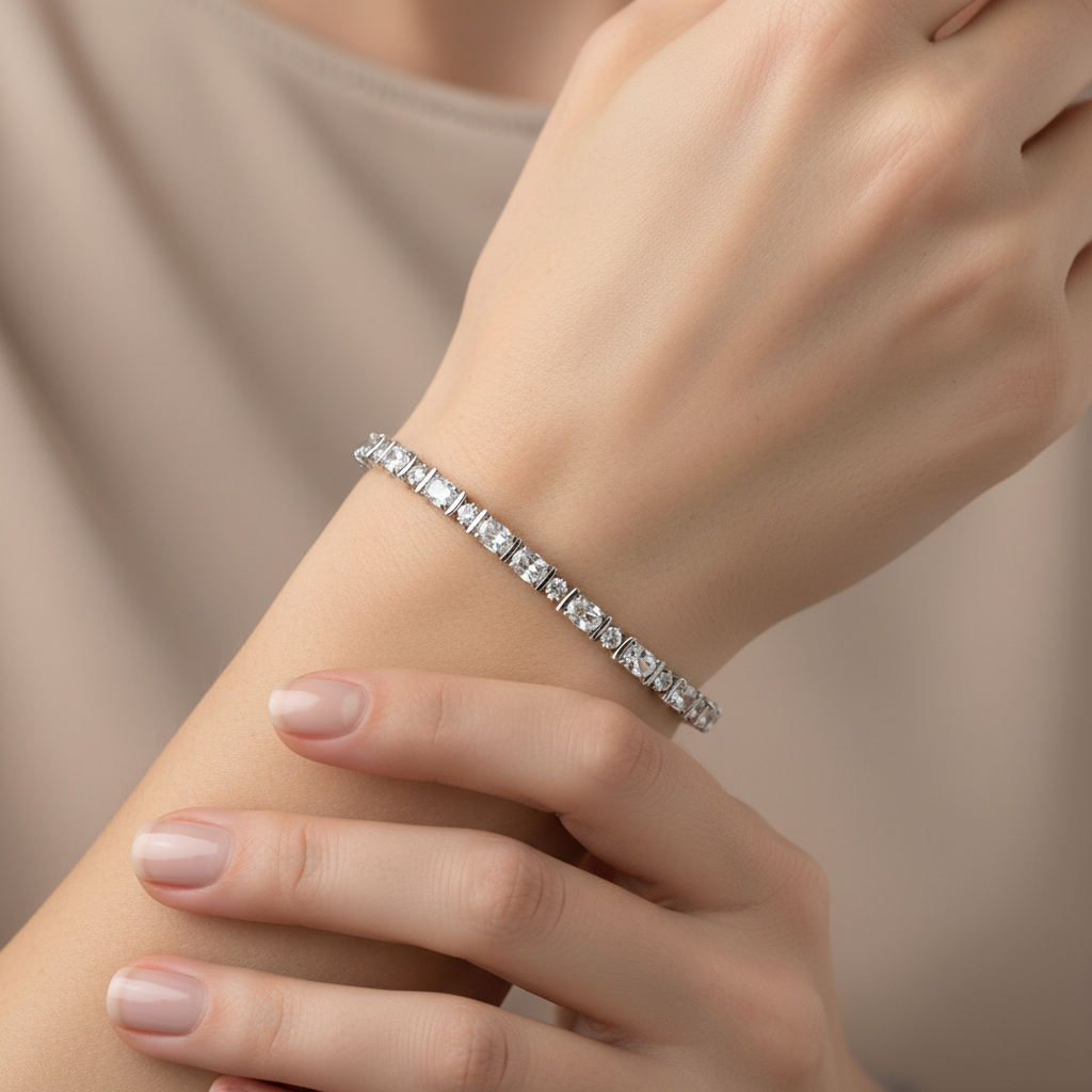 Crystal tennis bracelet on model's wrist