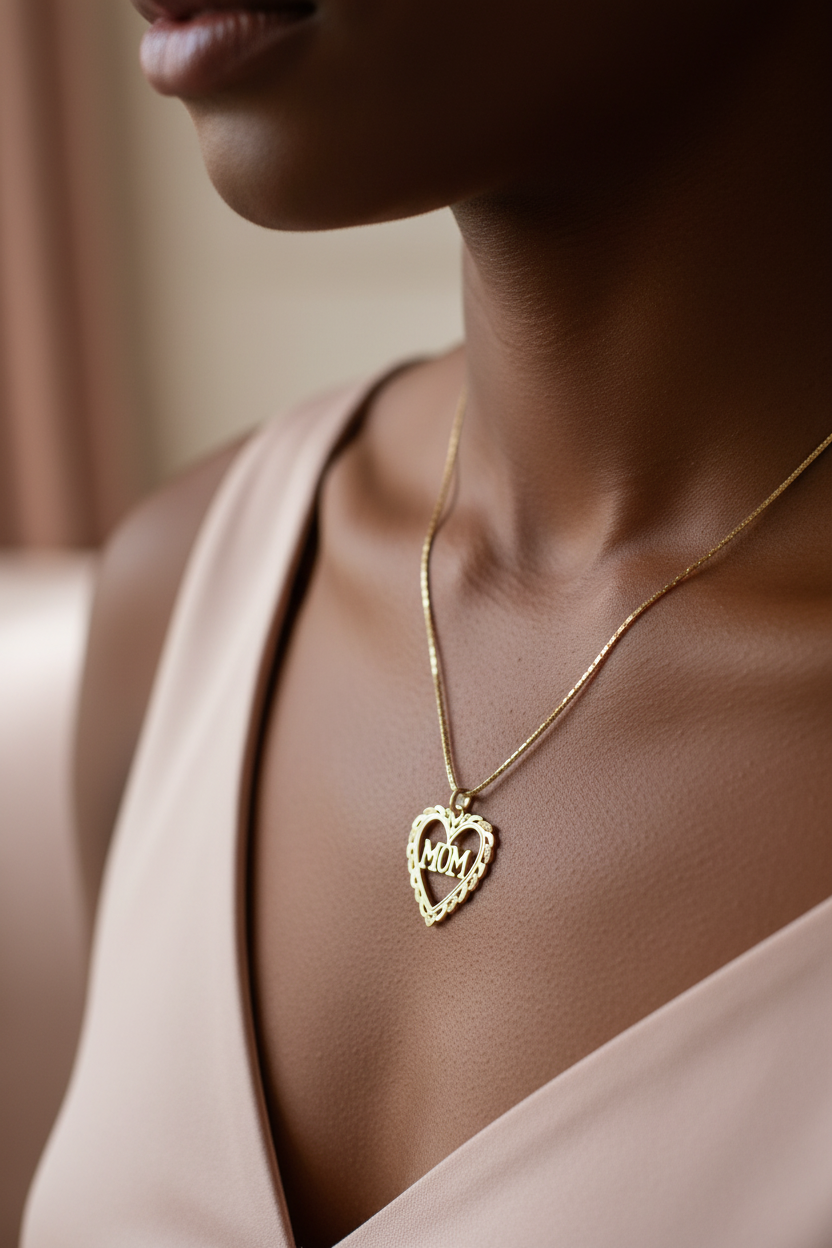 Dark model wearing Mom heart pendant