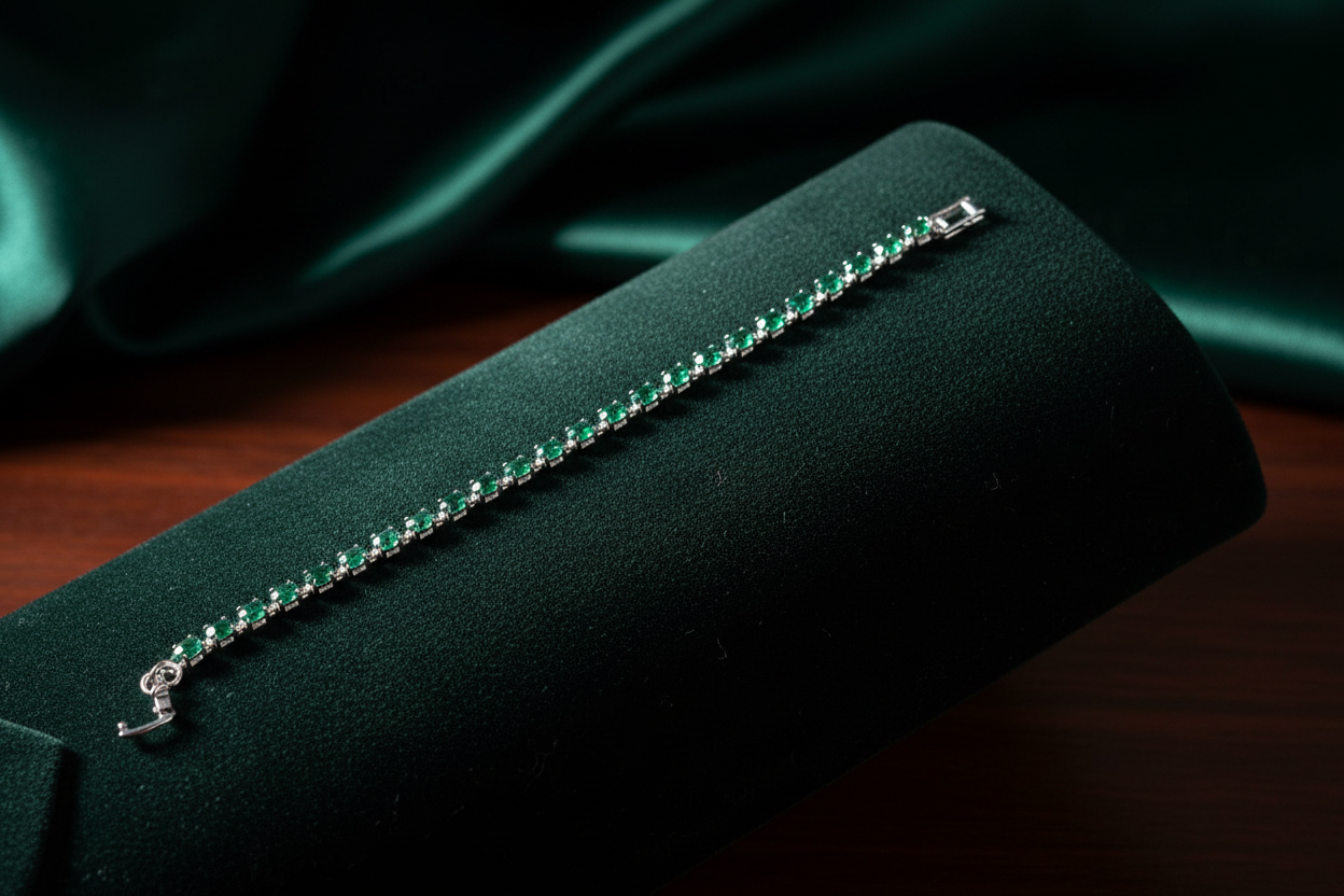 Emerald green crystal bracelet on forest green velvet