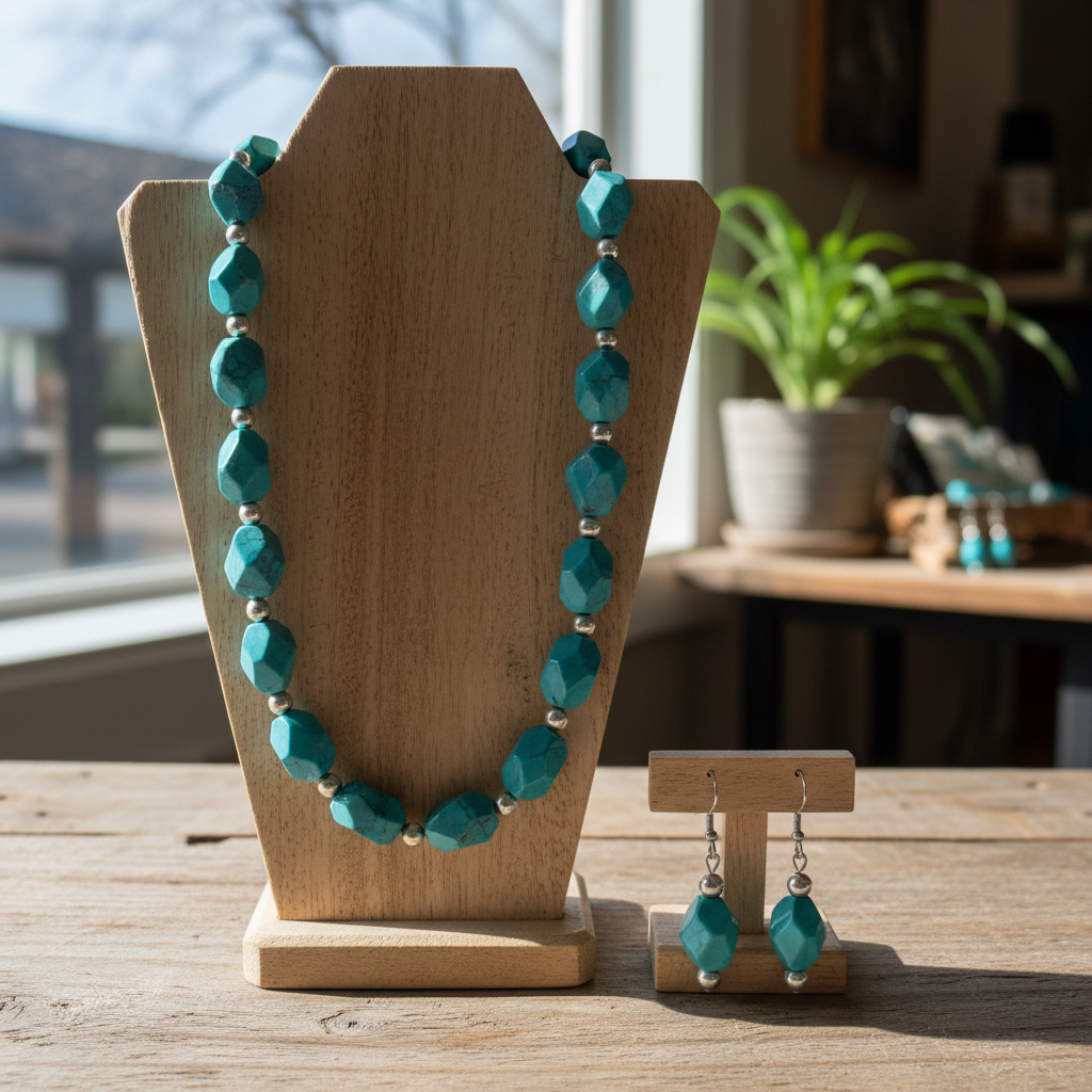 Faceted Turquoise and Silver Necklace Set - Lifestyle