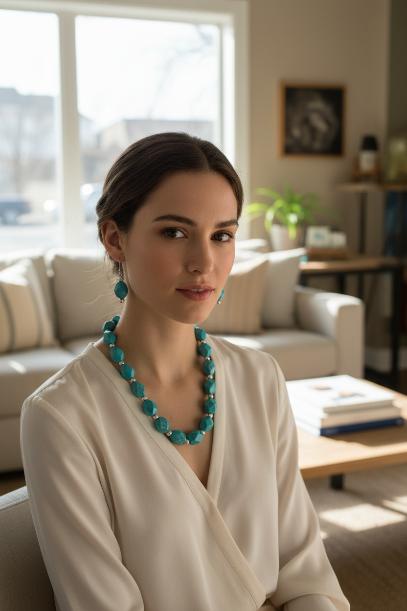 Faceted Turquoise and Silver Necklace Set