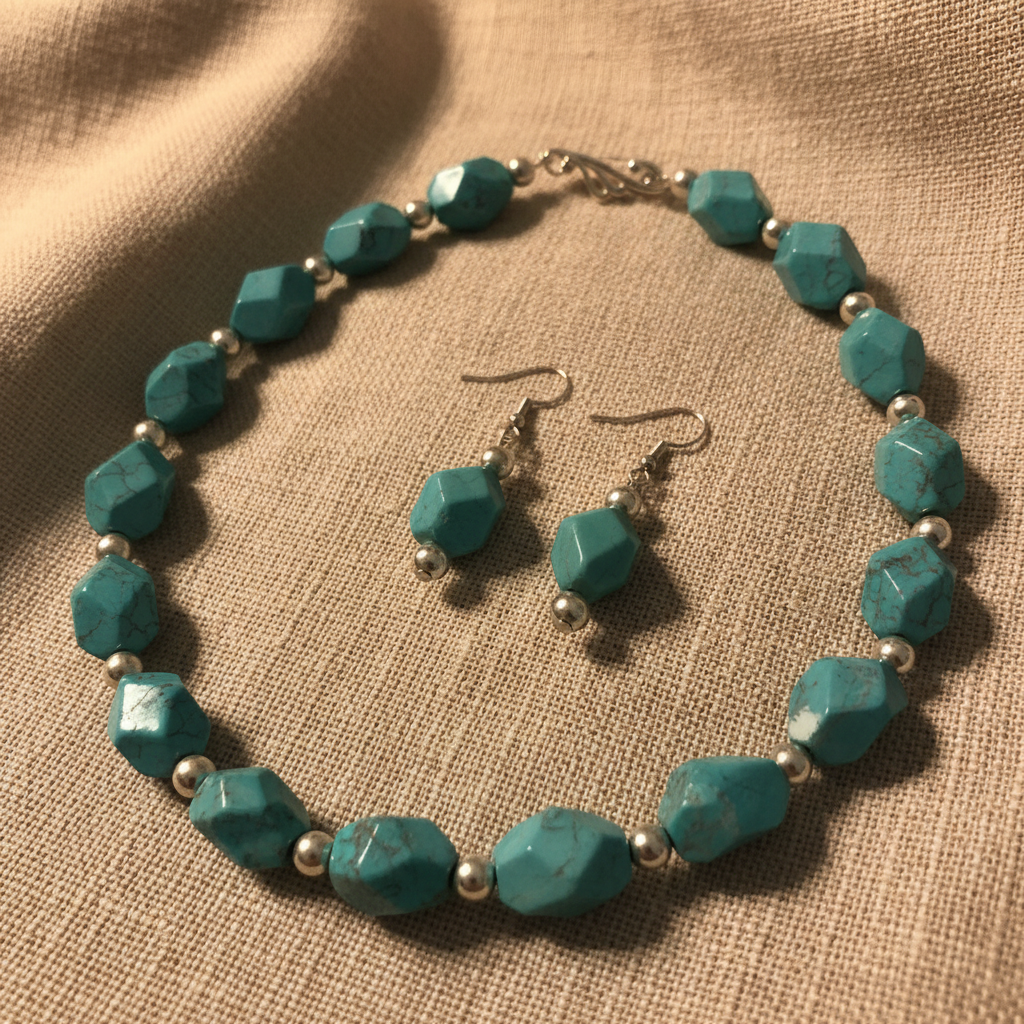 Faceted Turquoise and Silver Necklace Set on Fabric