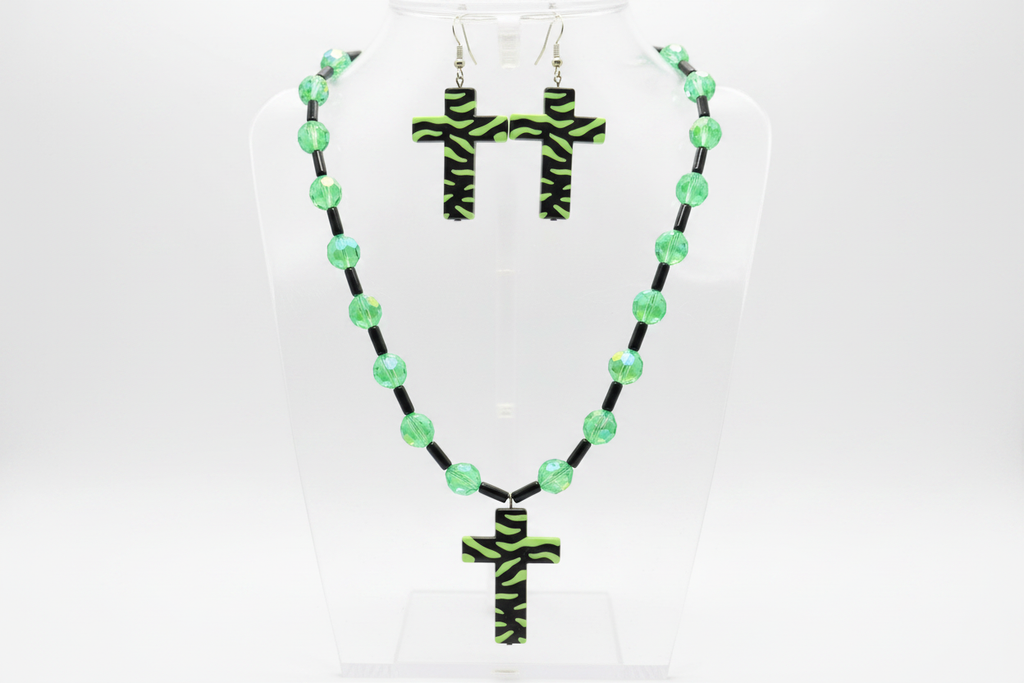 Green AB Glass & Zebra Cross Necklace Set