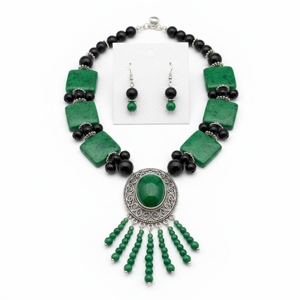 Green & Black Crystal Necklace Set - Studio
