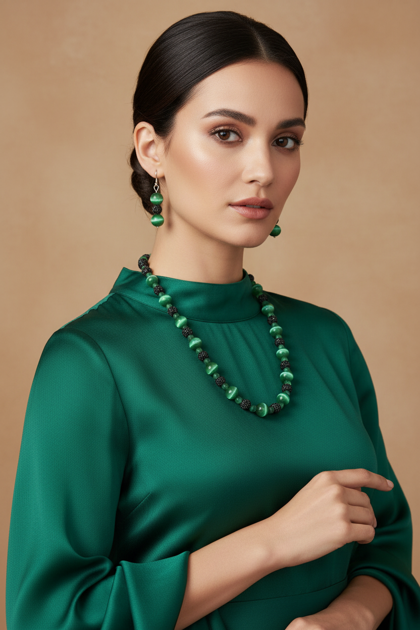 Green Cat's Eye Necklace on Model