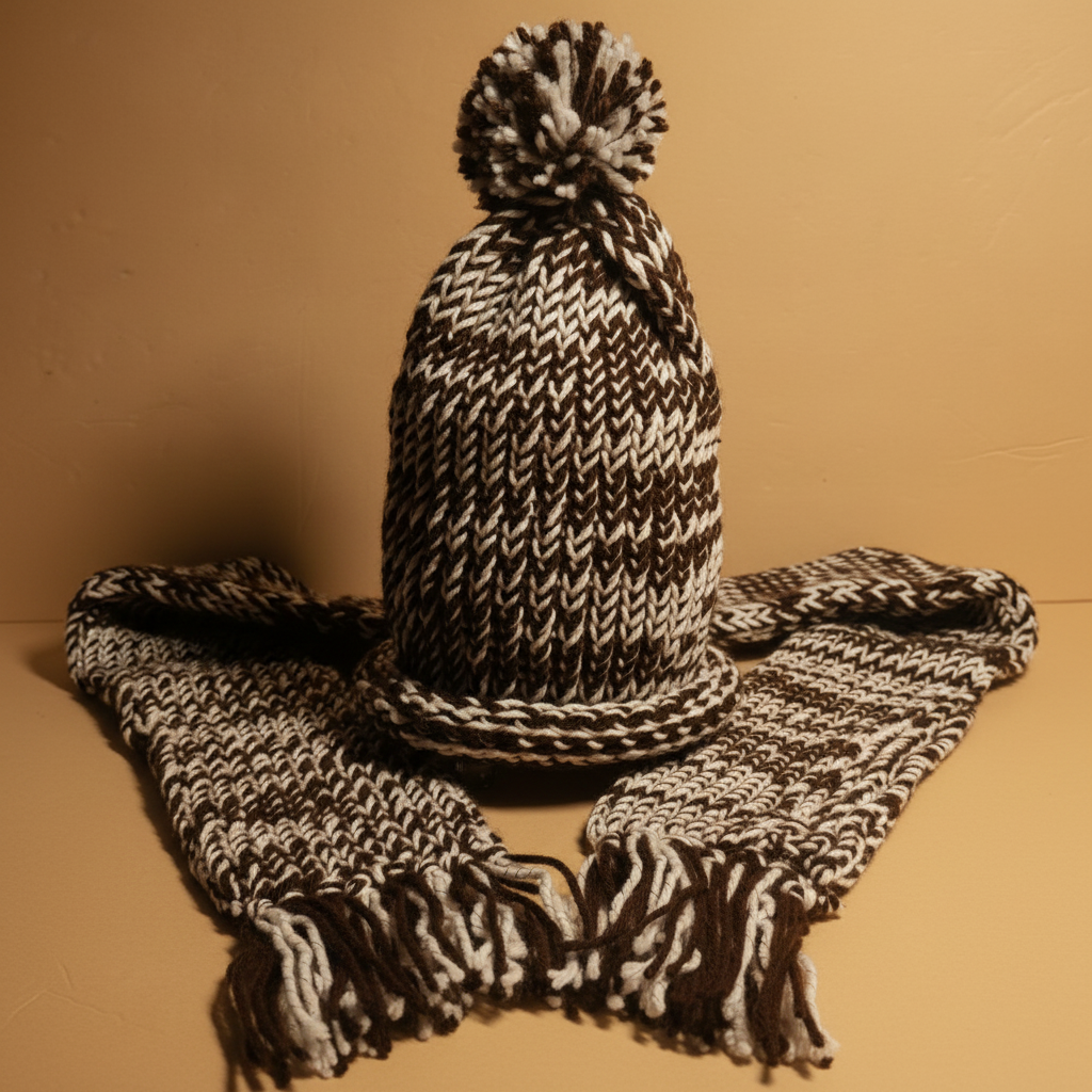 Hand-Crocheted Brown & White Starlight Scarf and Beanie Set