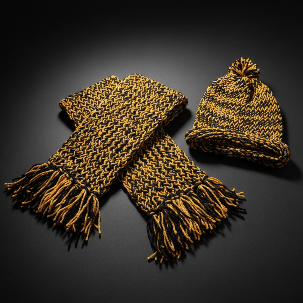 Hand-Crocheted Gold & Black Scarf and Beanie Set