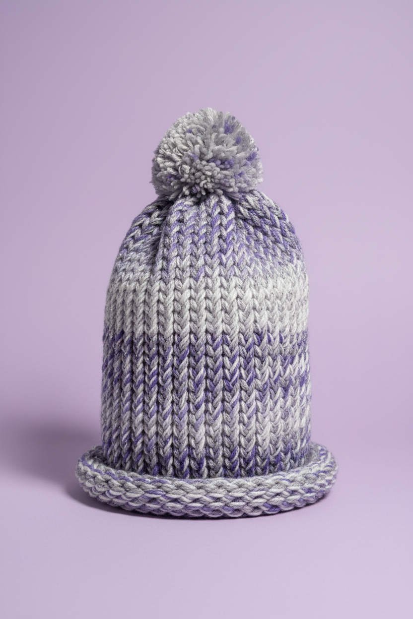 Hand-Knitted Lilac, Gray & White Pom Beanie Hat