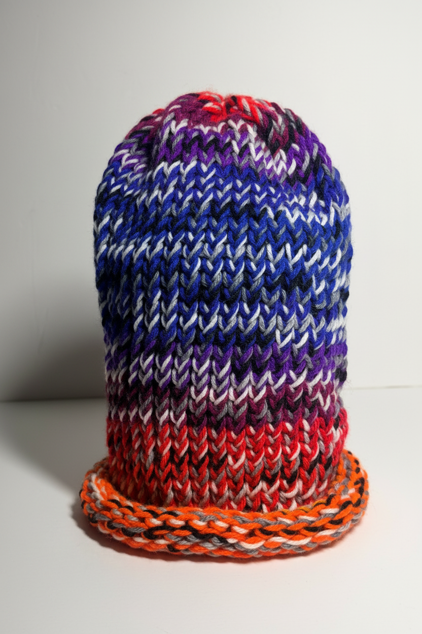 Hand-Knitted Neon & White Beanie Hat