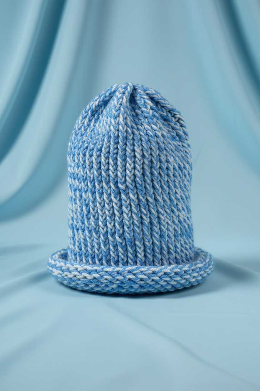 Hand-Knitted Sky Blue & White Beanie Hat - Sky Blue Background