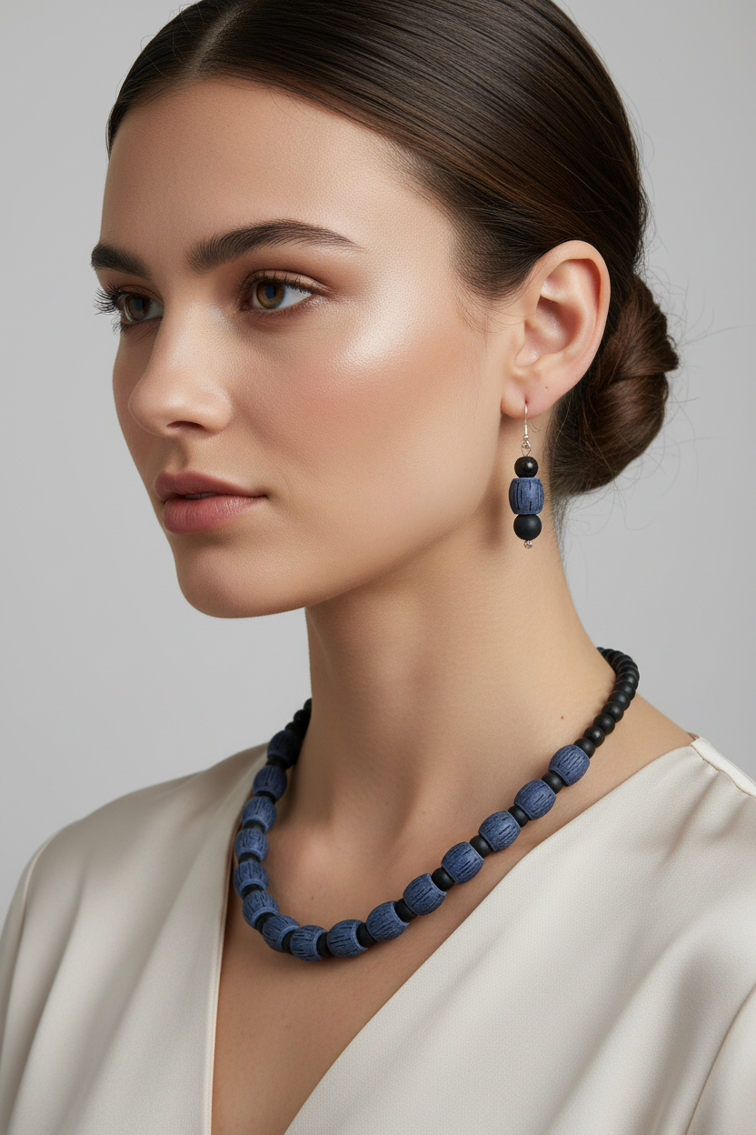 Navy blue carved barrel bead necklace and earring set on marble background
