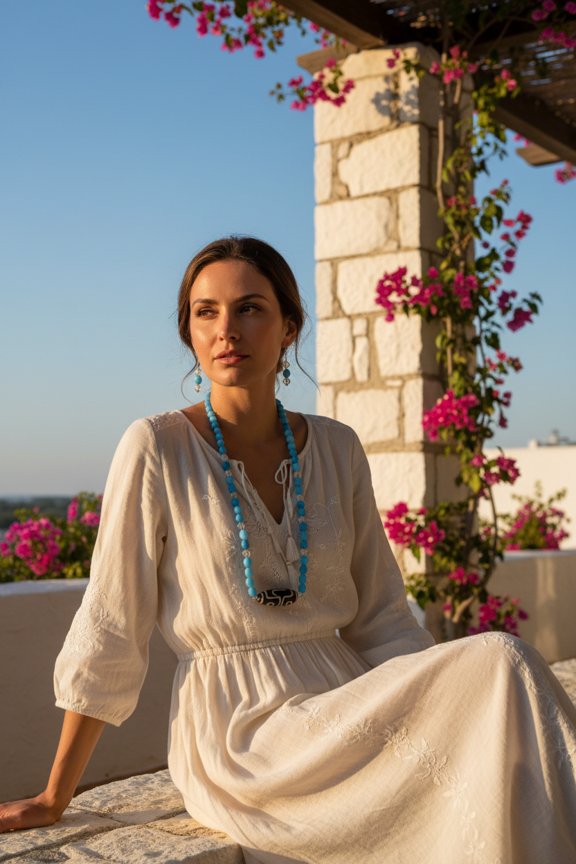Model wearing sky blue and Dzi focal bead necklace set on Mediterranean terrace
