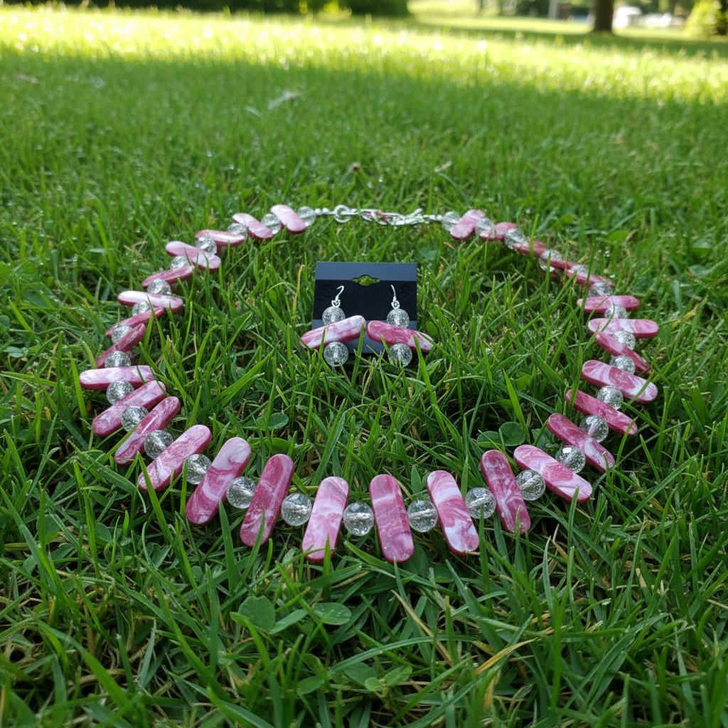 Pink marbled shell bead and crackle necklace and earring set on black velvet