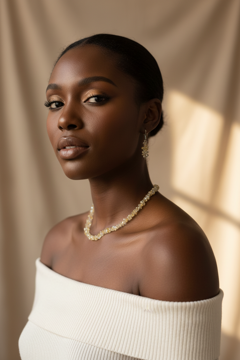 Black model wearing golden citrine crystal chip necklace and earring set