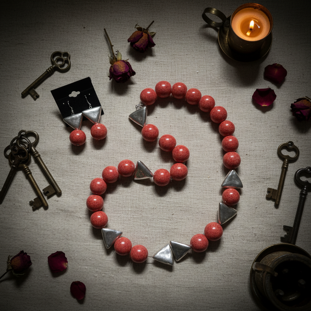 Coral and silver ceramic necklace set draped on vintage linen with dried roses and antique props