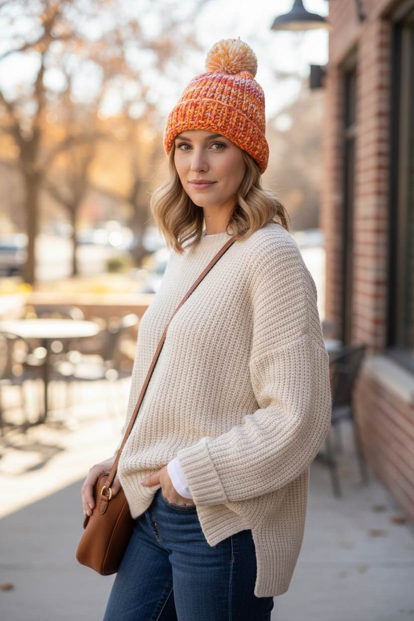 Model wearing orange yellow pom-pom crochet beanie