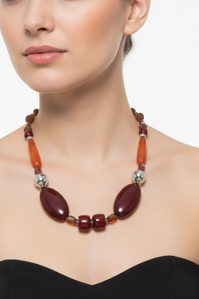 Beaded statement necklace worn on model