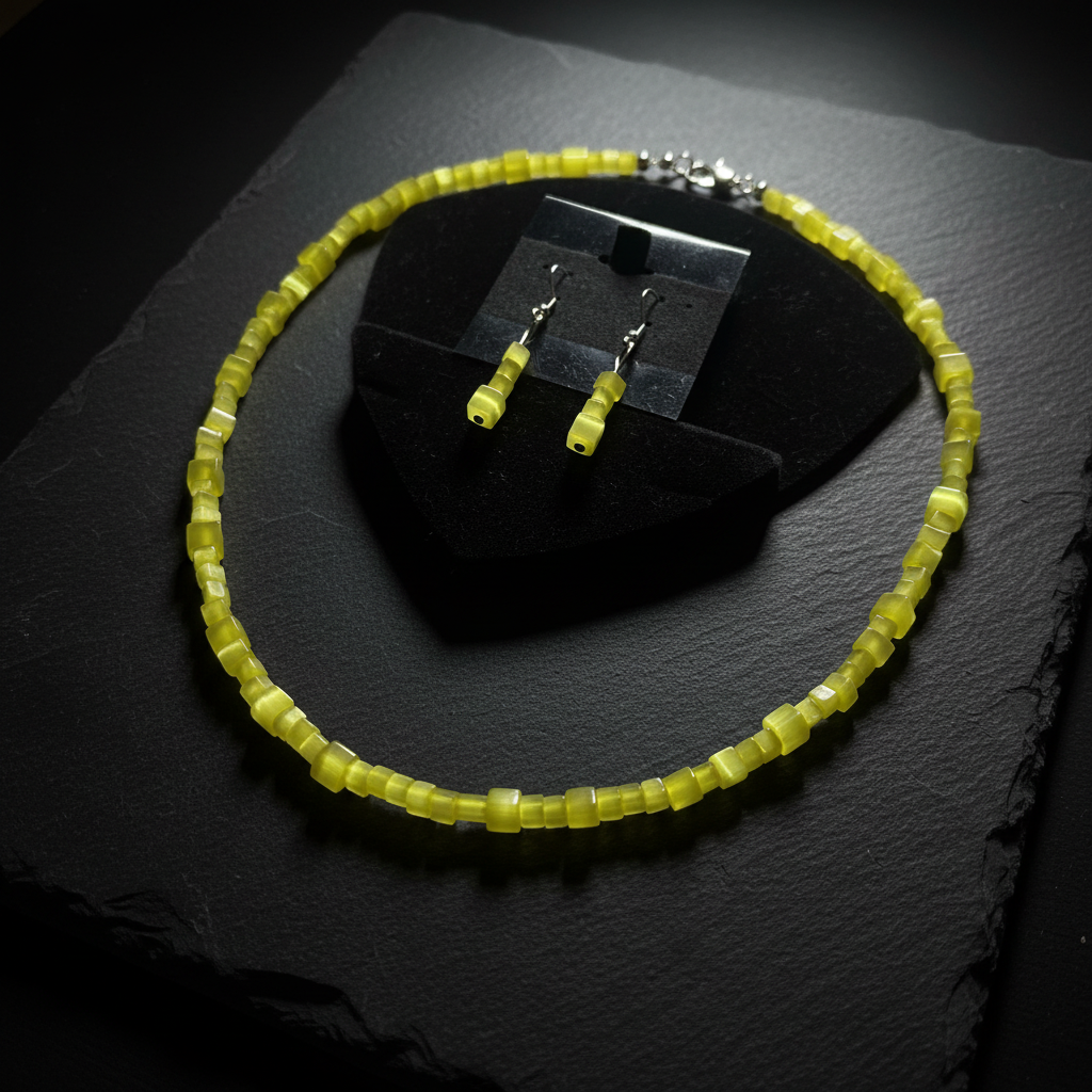 Yellow cube cat's eye bead necklace and earrings on dark charcoal slate