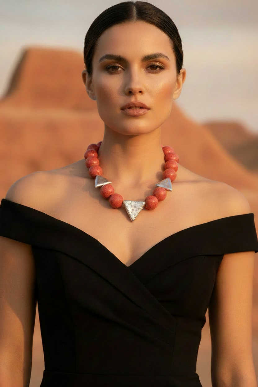 Model wearing coral and silver ceramic statement necklace set with desert terracotta background