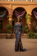 African Queen model wearing geometric glazed bead necklace set in palace courtyard at golden hour