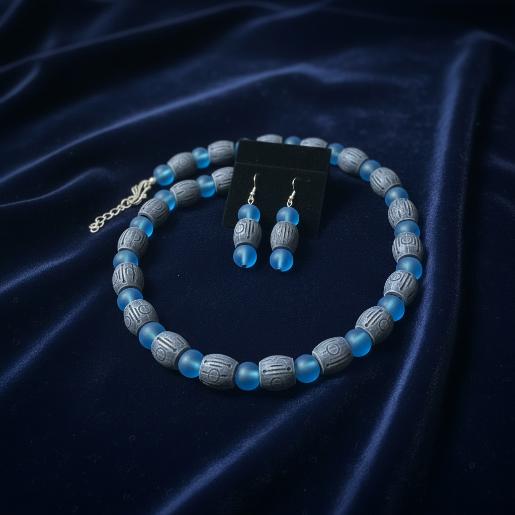 Blue sea glass and carved gray barrel necklace set on navy velvet