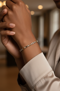 African model wearing 8 inch amber citrine and clear crystal silver tennis bracelet