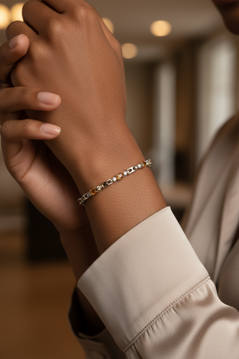 African model wearing 8 inch amber citrine and clear crystal silver tennis bracelet