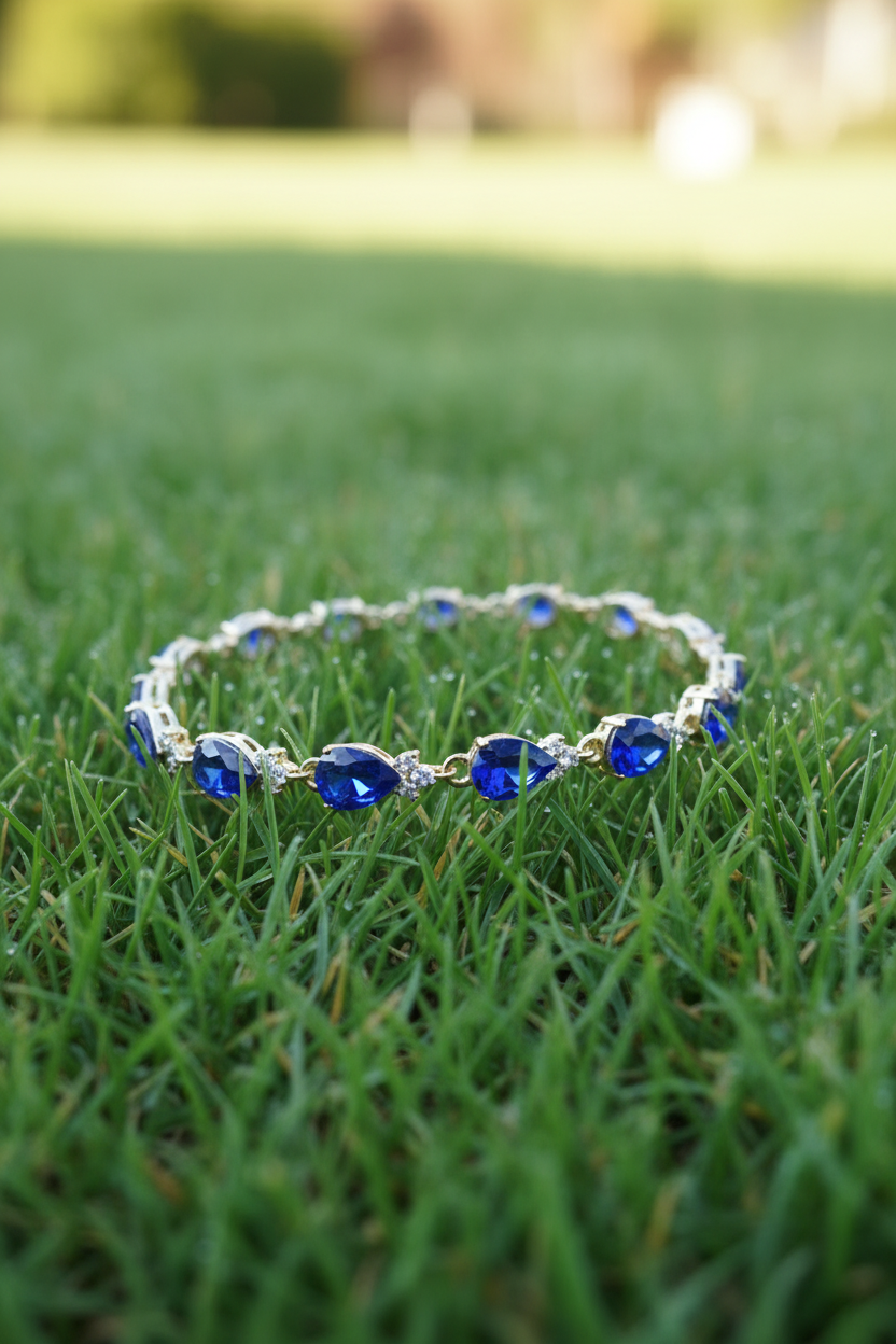 Gold plated royal blue sapphire and crystal bracelet on navy velvet ramp display
