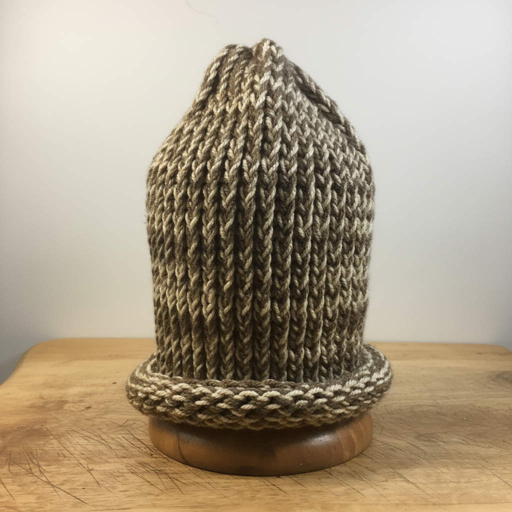 Brown cream stardust crochet beanie on wooden display