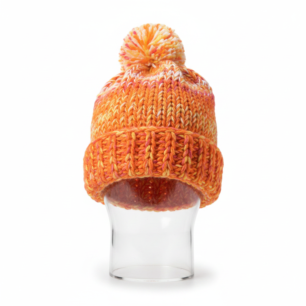 Orange yellow pom-pom crochet beanie on display stand