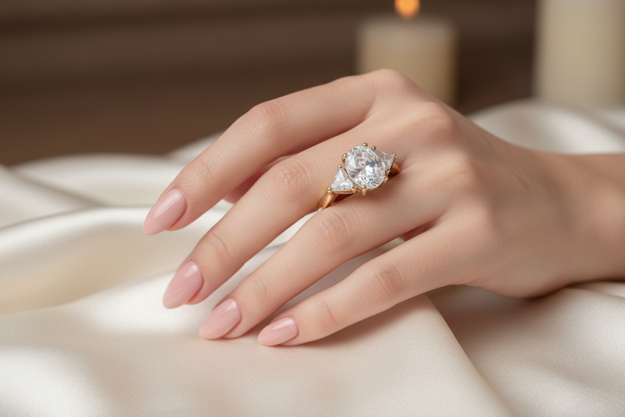 Gold Crystal Three-Stone Fashion Ring Size 7 - On Model