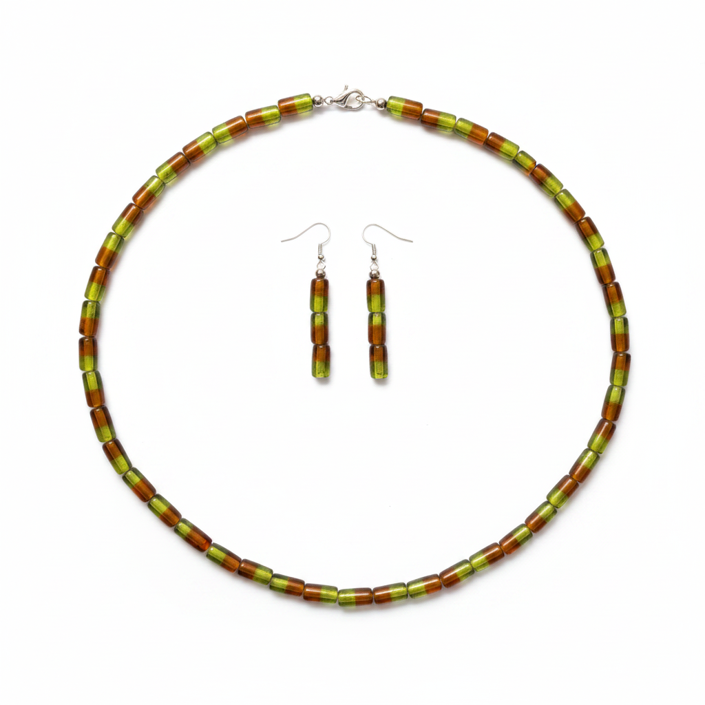Amber and olive green glass tube bead necklace and earring set on white background