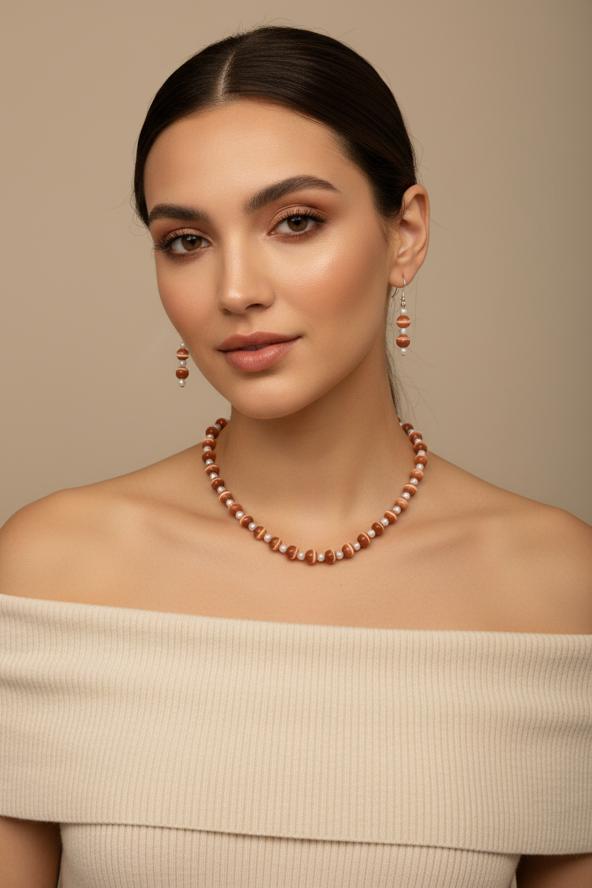 Model wearing orange cat's eye and pearl beaded necklace and earring set