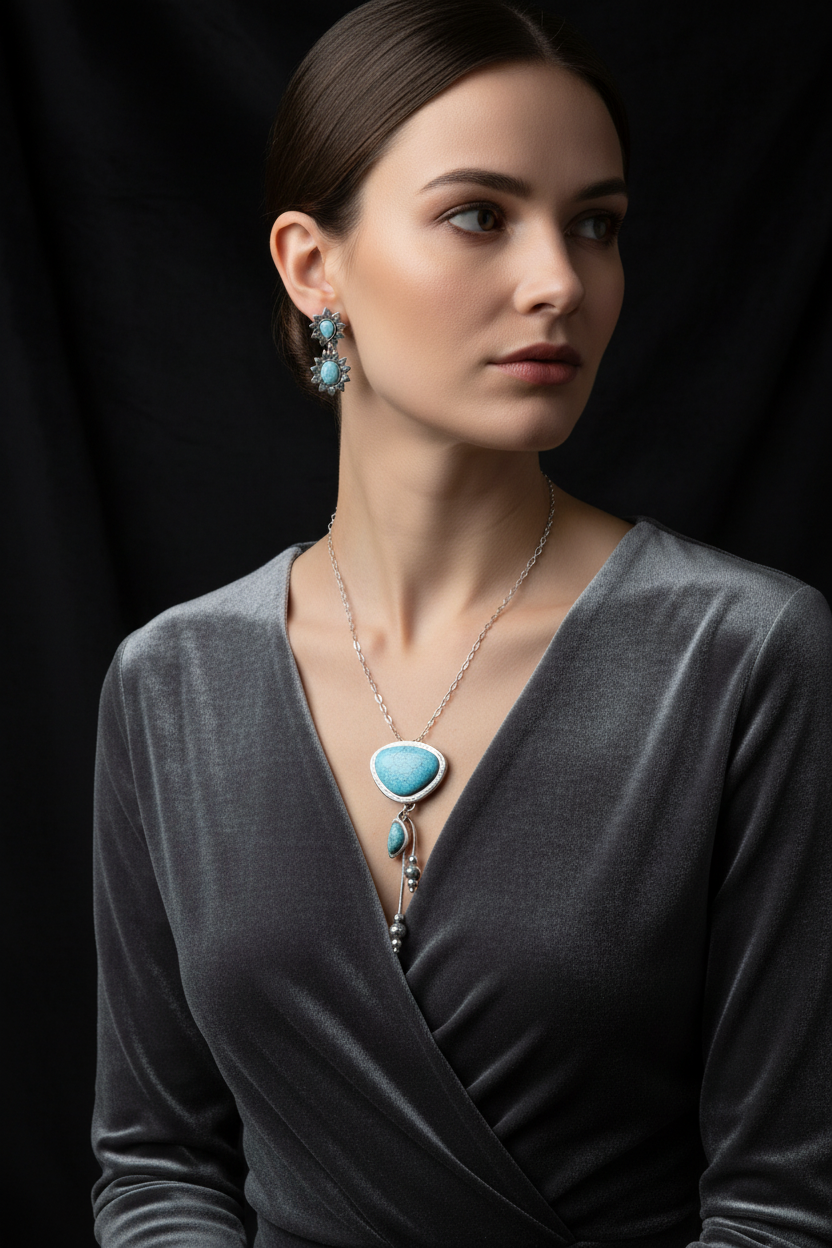 Model wearing turquoise pendant necklace and earring set with grey wrap dress