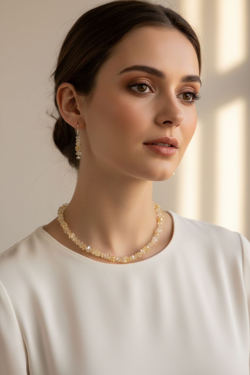 Model wearing golden citrine crystal chip necklace and earring set