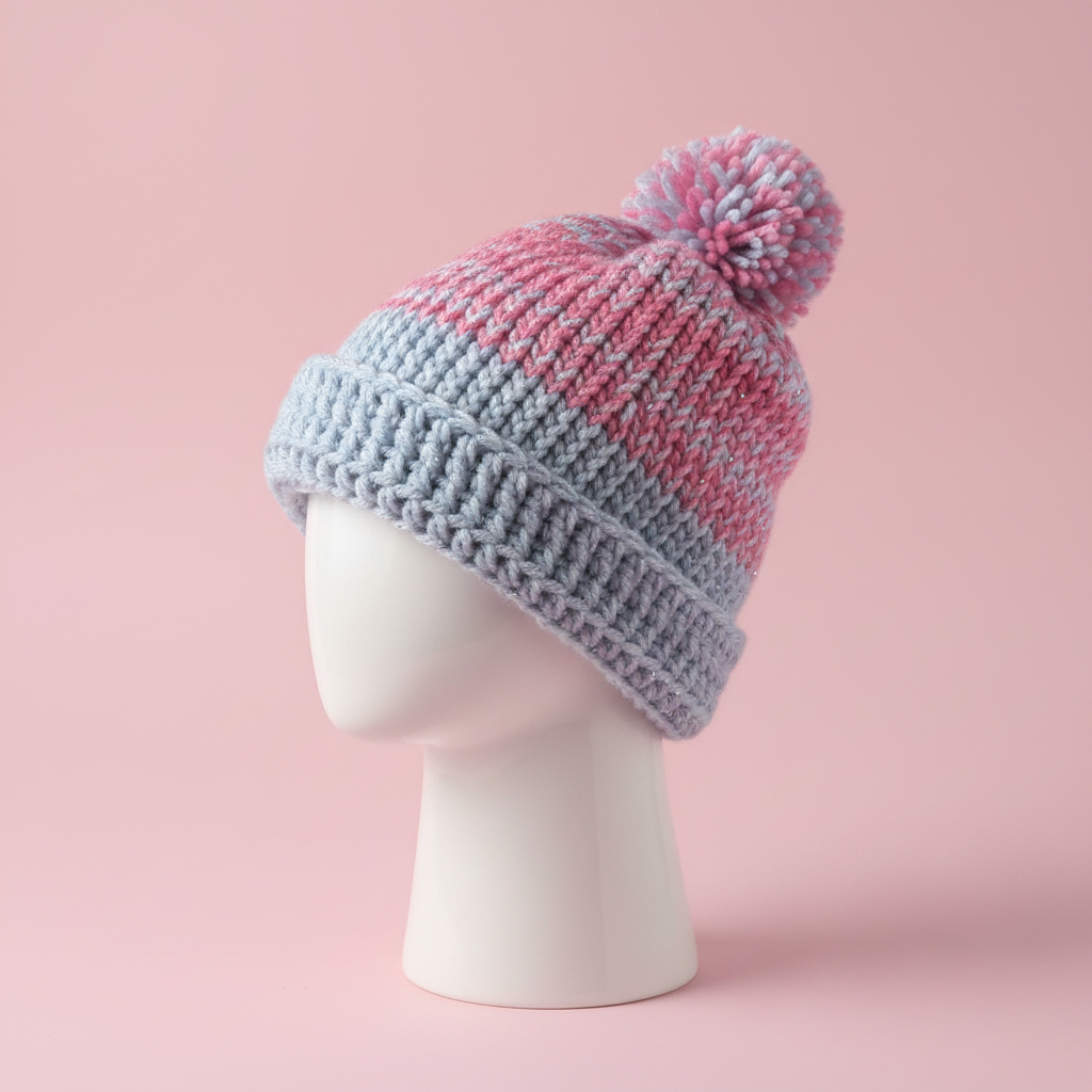 Pink blue ombre pom-pom crochet beanie on display stand