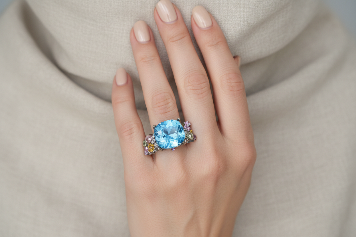 Model wearing blue quartz cocktail ring